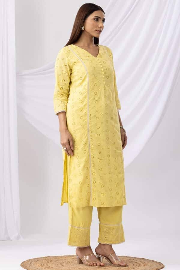 Yellow Schiffli Embroidered Kurti with V-Neck & 3/4th Sleeves