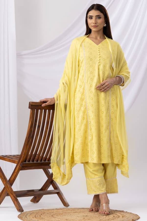 Yellow Chiffon Viscose Dupatta with Schiffli Embroidery