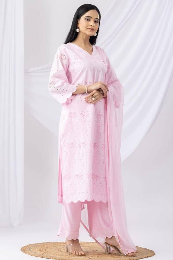 Pink Schiffli Kurti with V-Neck & 3/4th Sleeves