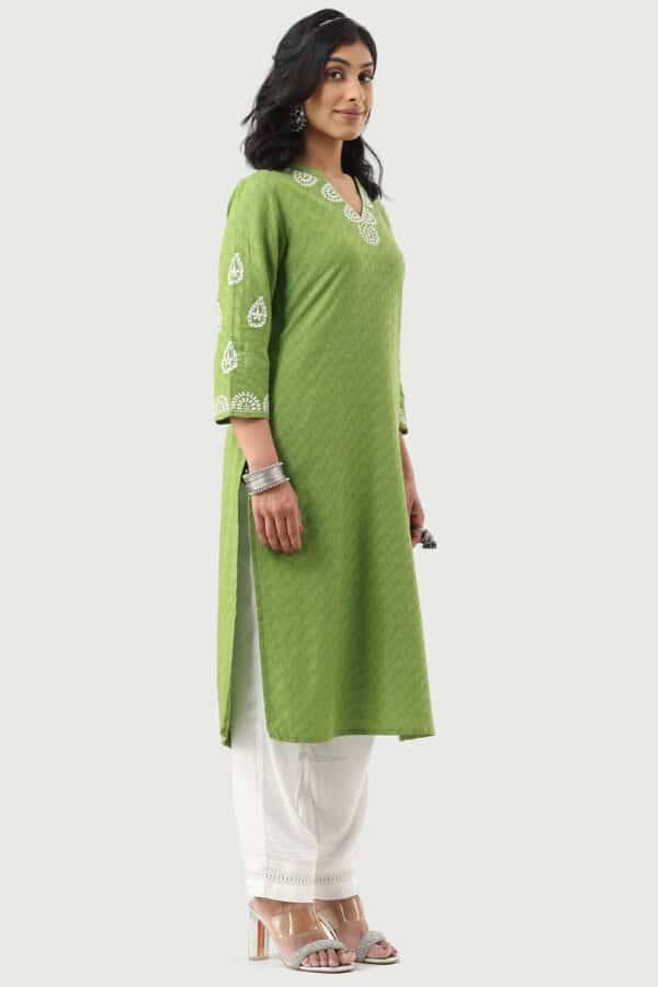 Green Embroidered Rayon Dobby Kurti