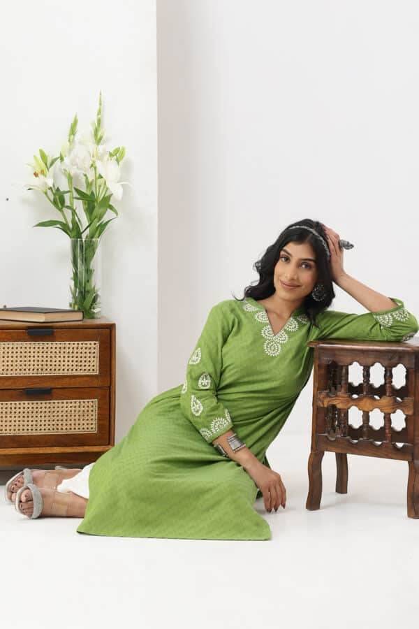 Green Embroidered Rayon Dobby Kurti
