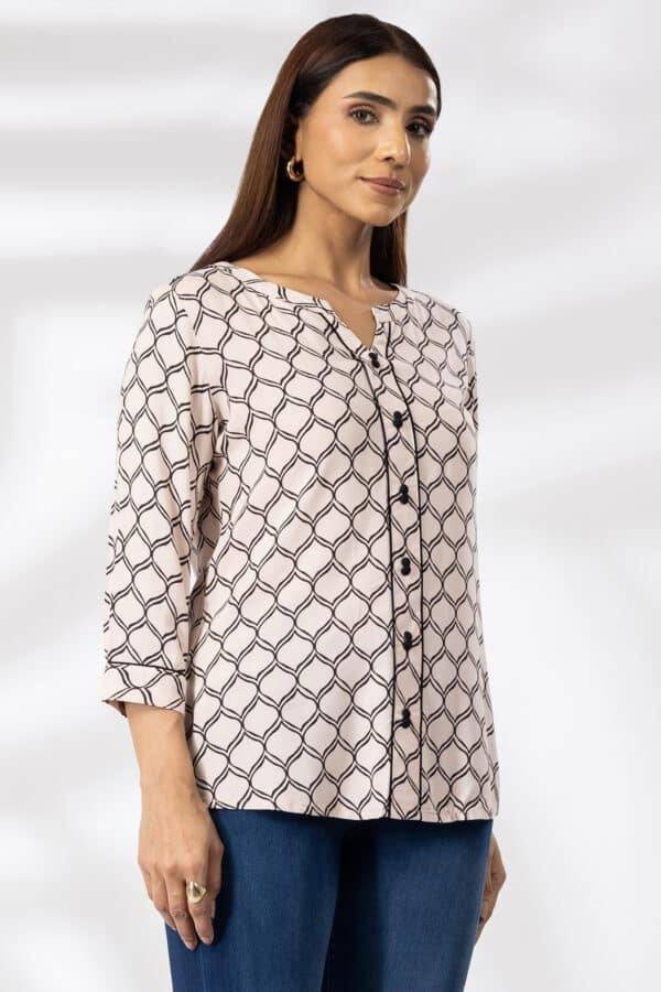 Peach Printed Rayon Casual Top with Round Neck