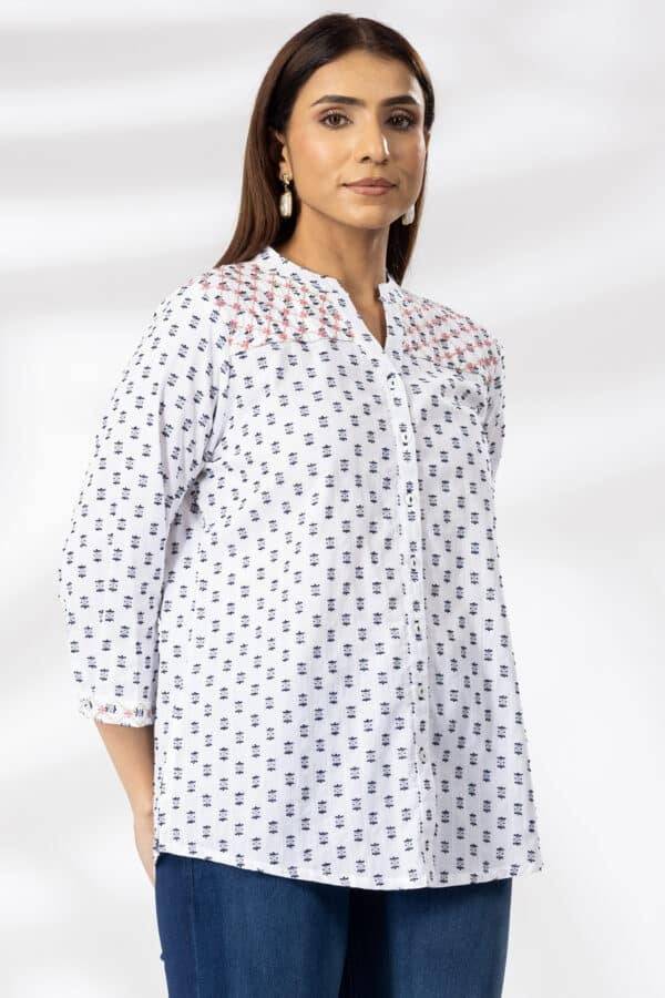 White Embroidered Cotton Shirt with Mandarin Collar