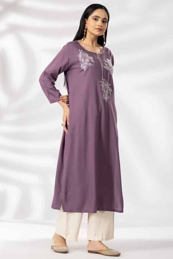 Purple Embroidered Rayon Kurti with Round Neck