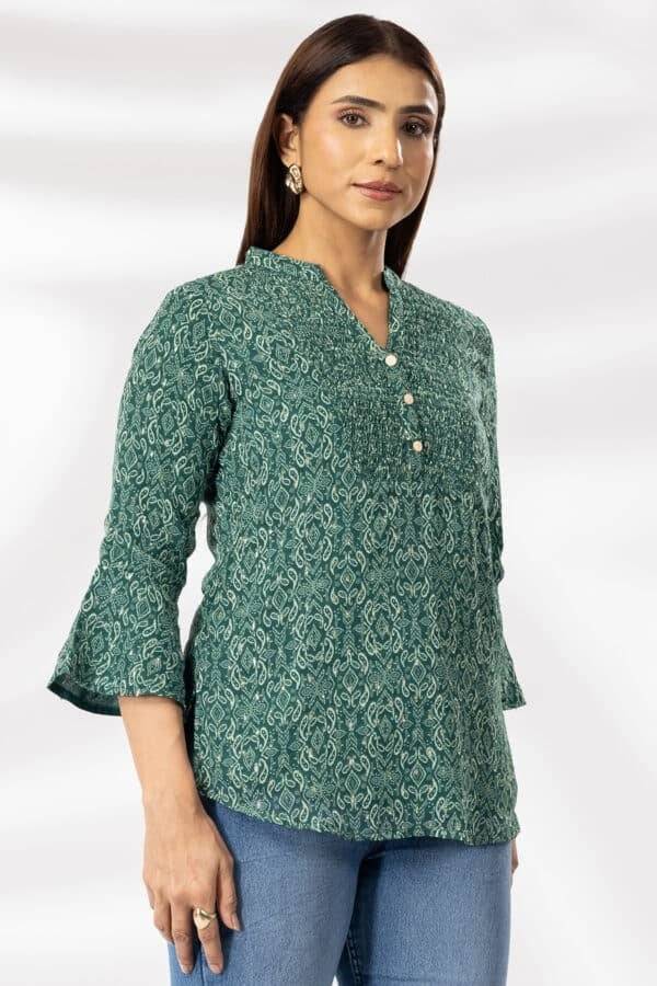 Green Printed Chiffon Lurex Casual Top with Mandarin Collar