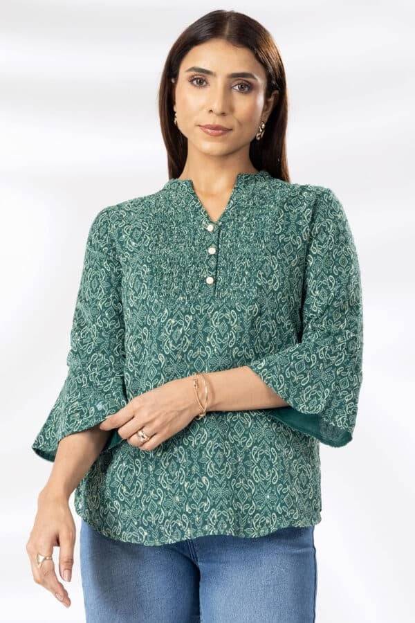 Green Printed Chiffon Lurex Casual Top with Mandarin Collar