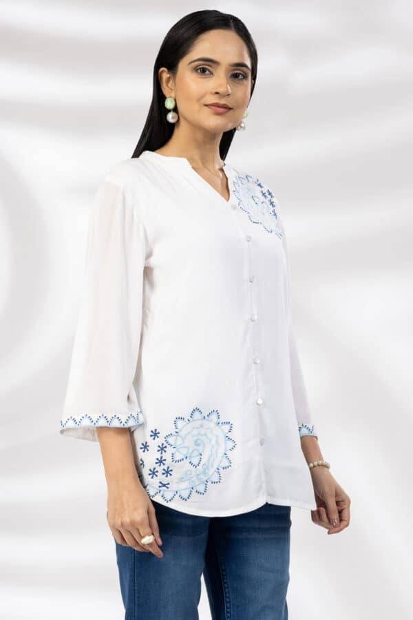White Embroidered Rayon Crepe Casual Top with Mandarin Collar