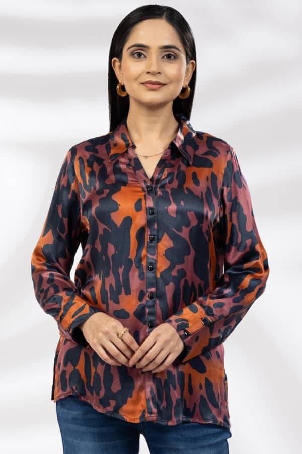 Purple Printed Viscose Shirt with Collar and Full Sleeves