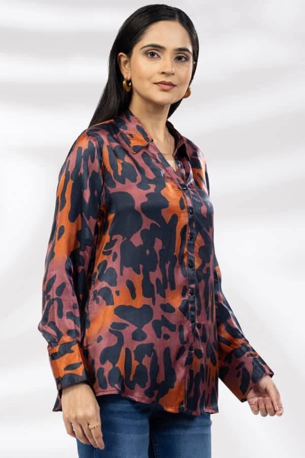 Purple Printed Viscose Shirt with Collar and Full Sleeves