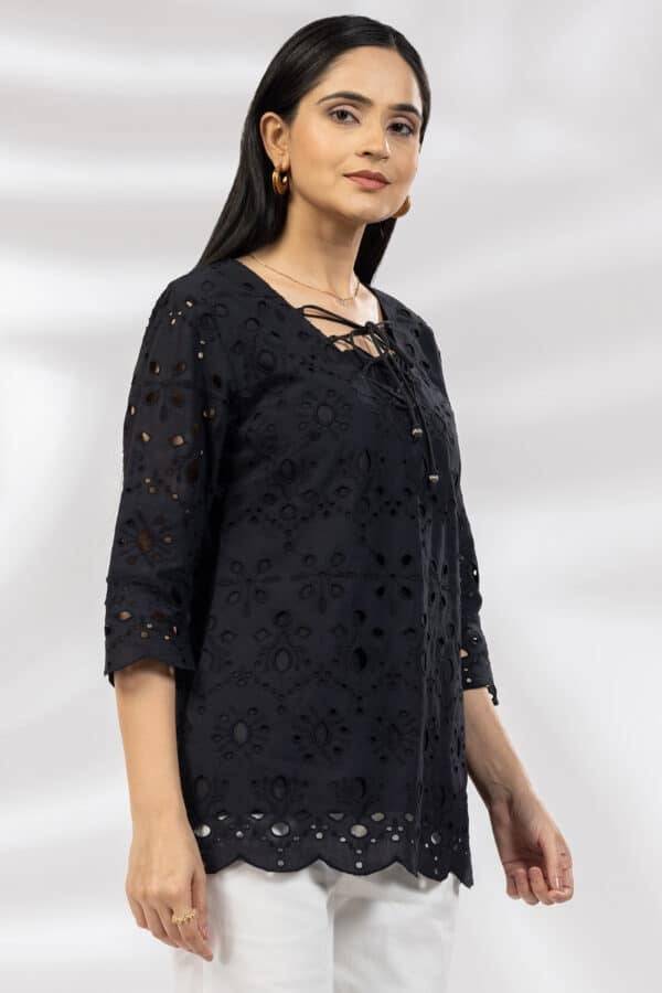 Black Schiffli Casual Top with Square Neck & 3/4th Sleeves