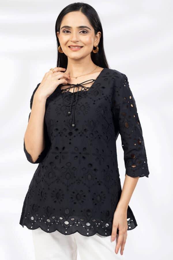 Black Schiffli Casual Top with Square Neck & 3/4th Sleeves