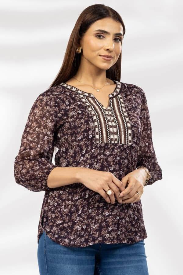 Brown Embroidered Chiffon Casual Top with Round Neck