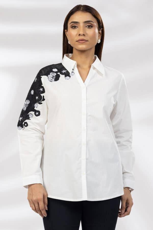White Embroidered Cotton Shirt with Collared Neck & Full Sleeves