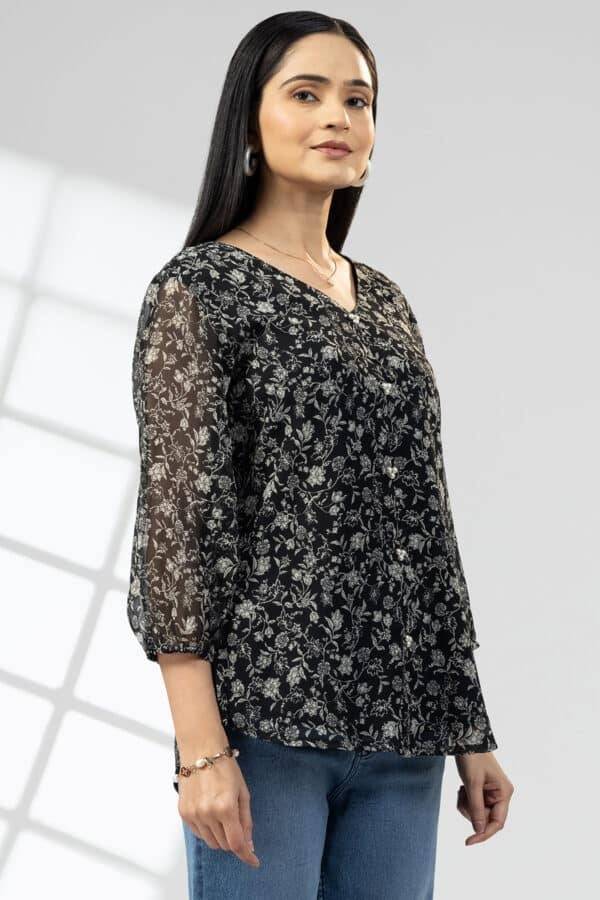 Black Printed Chiffon Casual Top with V-Neck