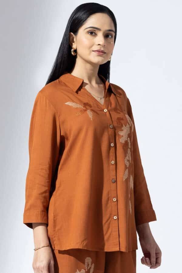 Embroidered Cinnamon Collared Co-Ord Shirt