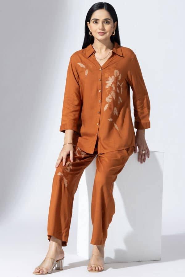 Embroidered Cinnamon Viscose Co-Ord Palazzo