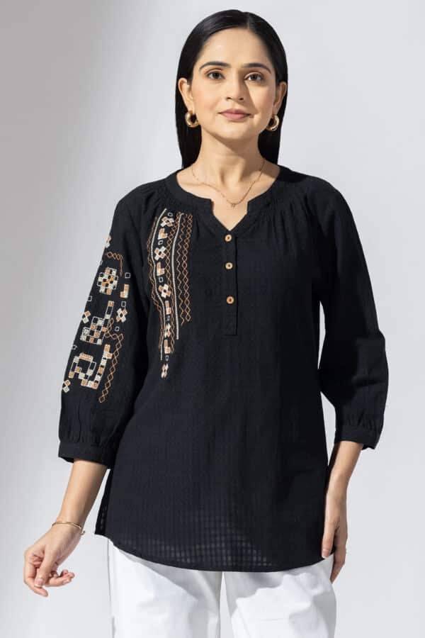 Black Embroidered Viscose Casual Top with Round Neck