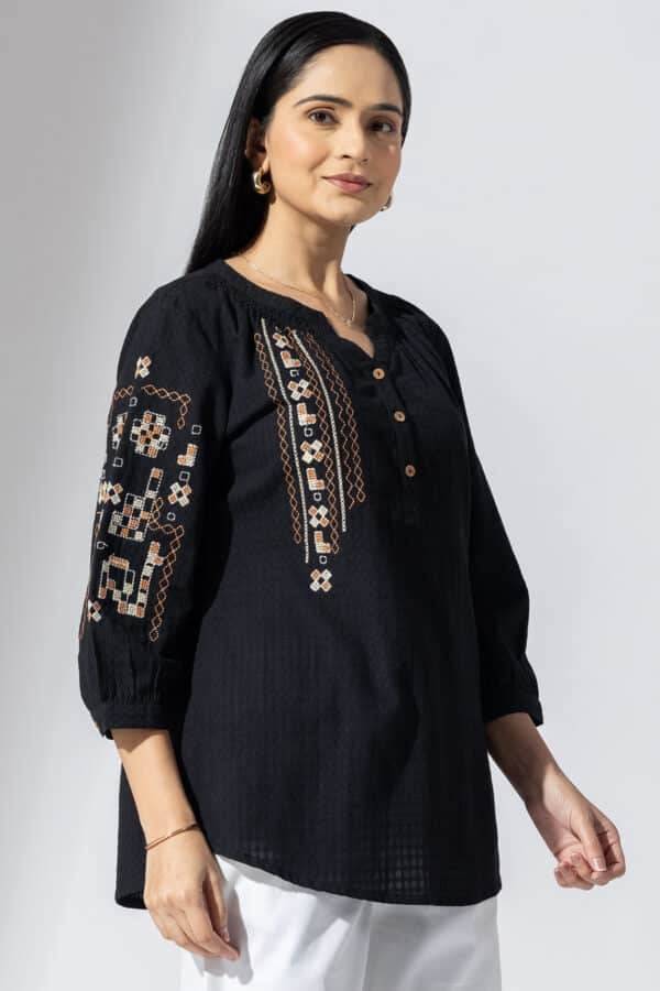 Black Embroidered Viscose Casual Top with Round Neck