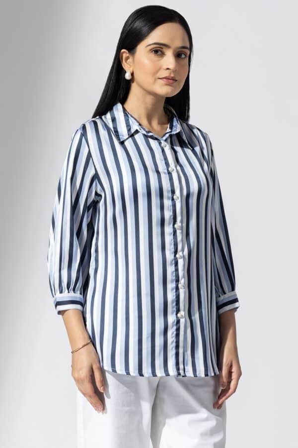 Blue Striped Shirt with Collar and 3/4th Sleeves