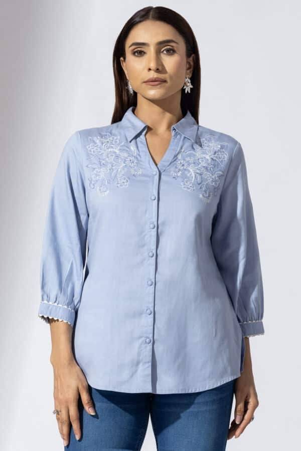 Blue Embroidered Viscose Shirt with Collar and 3/4th Sleeves