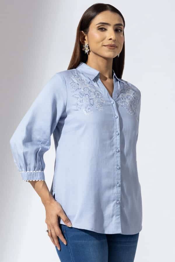 Blue Embroidered Viscose Shirt with Collar and 3/4th Sleeves