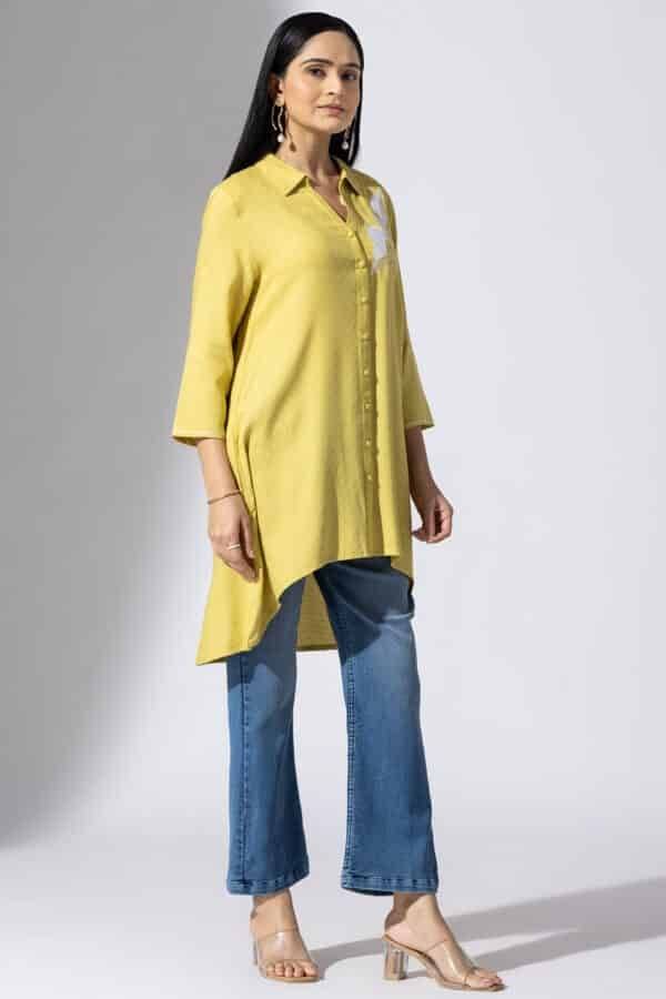 Mustard Embroidered Viscose Tunic with Collar