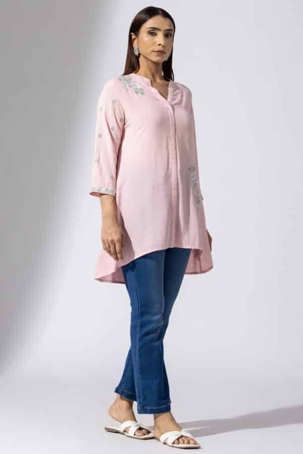 Pink Embroidered Viscose Tunic with Mandarin Collar