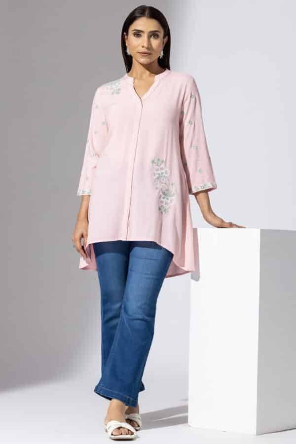 Pink Embroidered Viscose Tunic with Mandarin Collar
