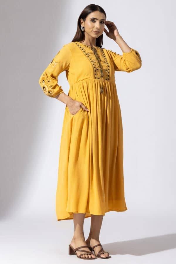 Mustard Embroidered Viscose Casual Dress with Mandarin Collar