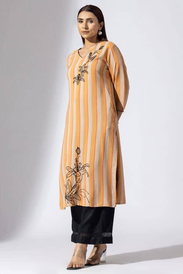 Orange Striped Rayon Kurti with V-Neck