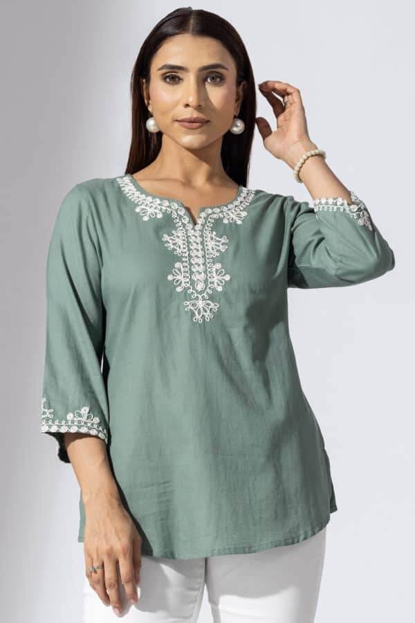 Olive Green Embroidered Rayon Twill Casual Top with Round Neck