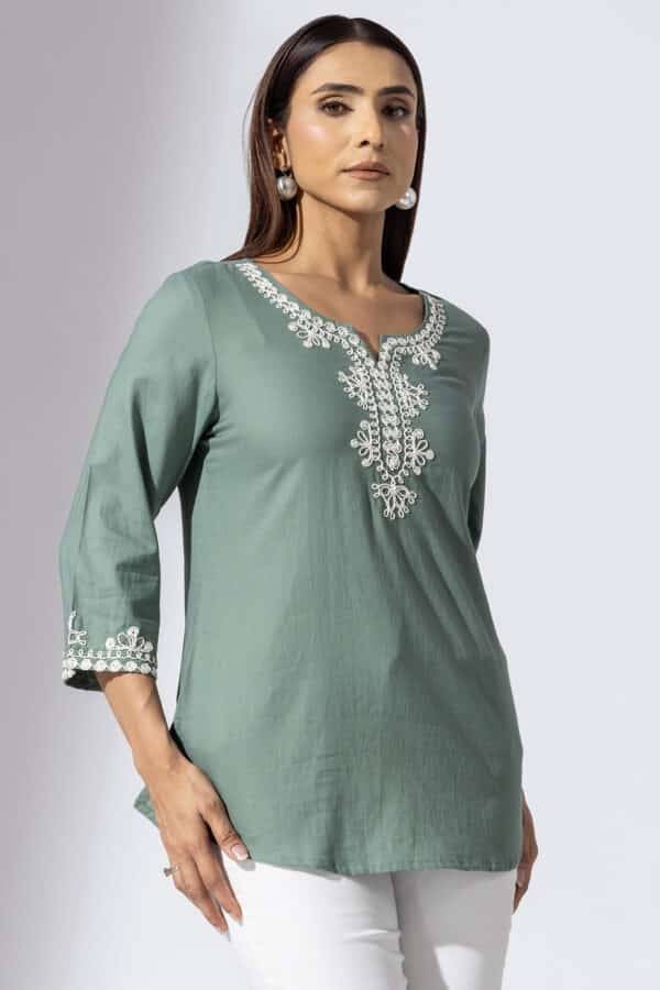 Olive Green Embroidered Rayon Twill Casual Top with Round Neck