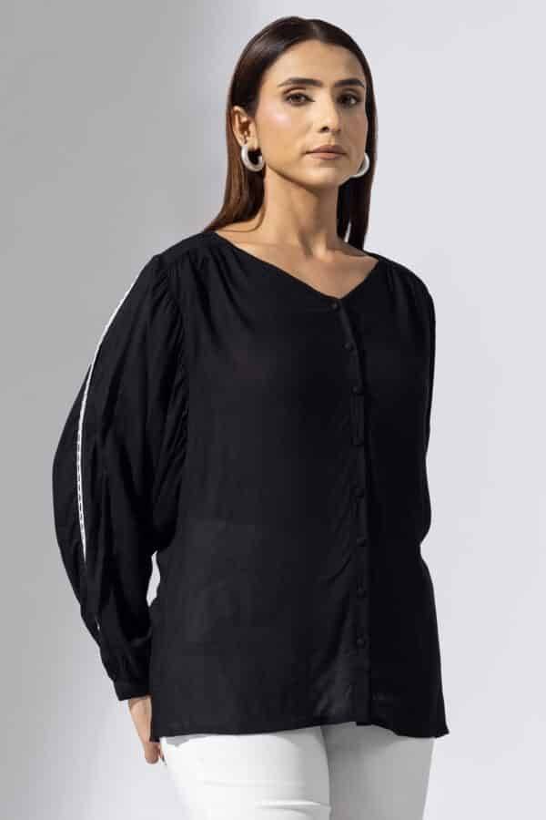 Black Solid Modal Casual Top with V-Neck & Full Sleeves