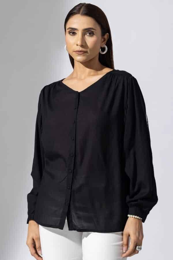 Black Solid Modal Casual Top with V-Neck & Full Sleeves