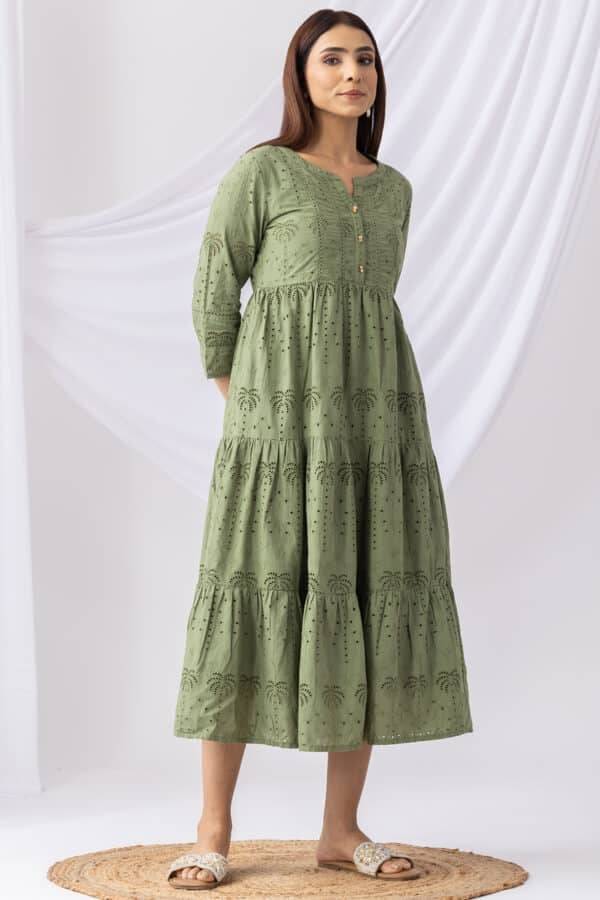 Olive Green Schiffli Embroidered Casual Dress with Round Neck