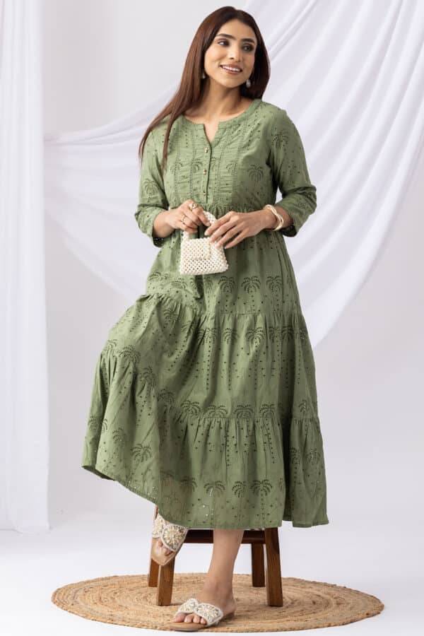 Olive Green Schiffli Embroidered Casual Dress with Round Neck