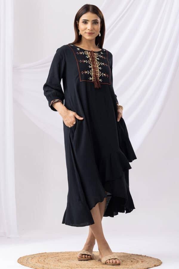 Black Embroidered Rayon Crepe Dress with Round Neck