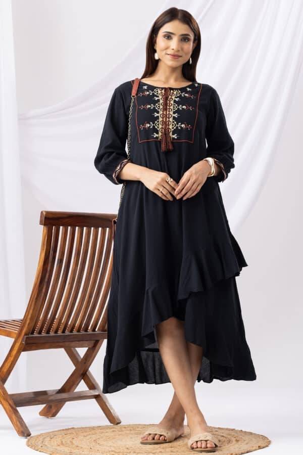 Black Embroidered Rayon Crepe Dress with Round Neck