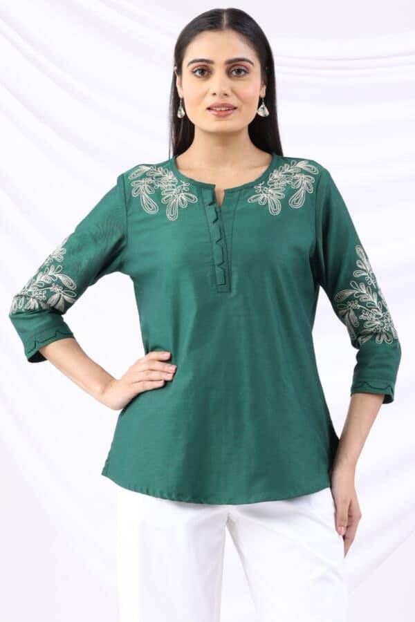 Green Embroidered Round Neck Winter Top