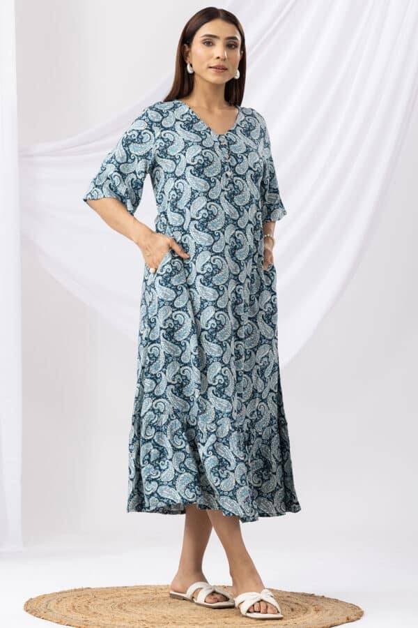 Blue Printed Rayon Dress with V-Neck & Half Sleeves