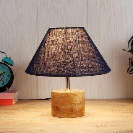 Carson Blue Natural Fiber Shade Table Lamp with Natural Wooden Base