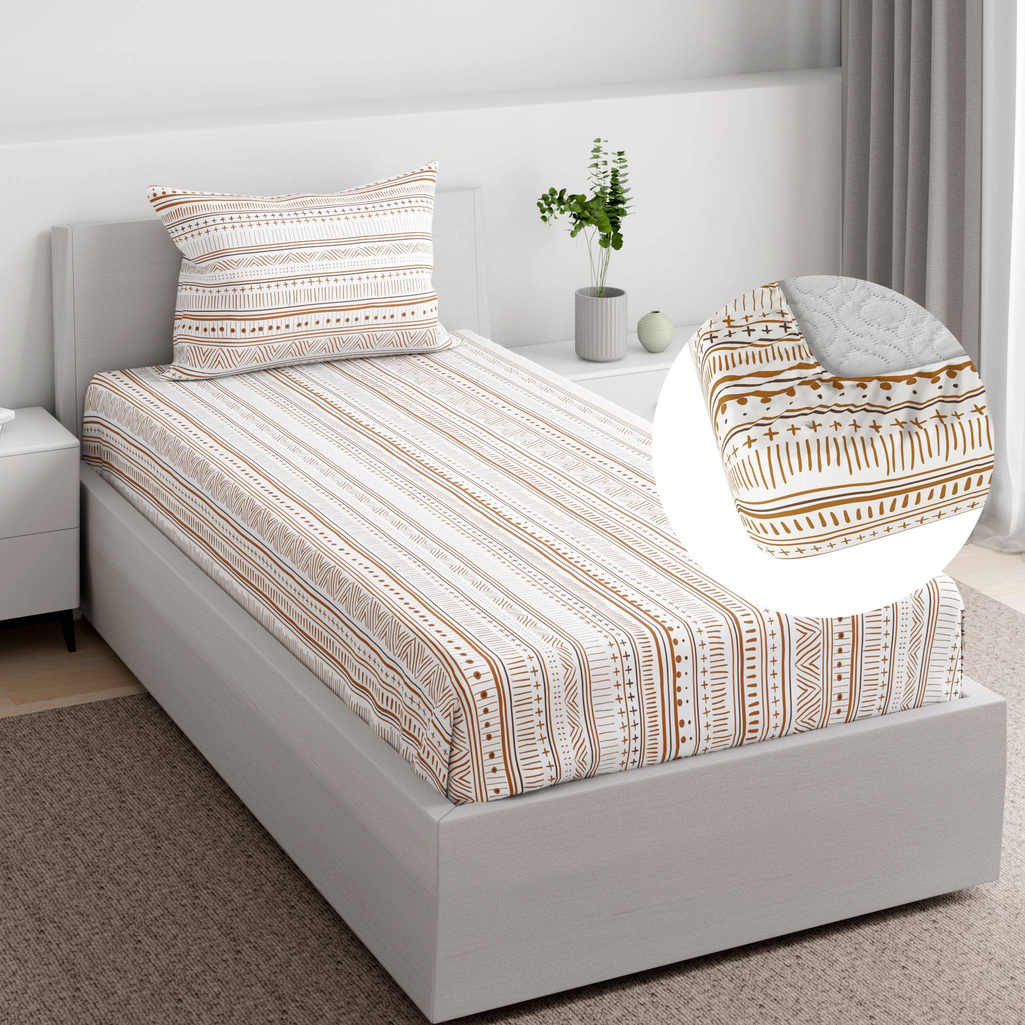 Essentials 100% Cotton Super Soft Fitted Bedsheet With 1 Pillow Cover | Zania Single, 75" x 36", Zania | 1.91m x 92cm (75x36 inch)