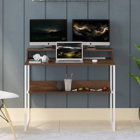 BLUEWUD Corbyn Plus Study & Laptop Table with Built-in Monitor Stand ï¿½ WFH Desk for Home/Office, Trading & Gaming, DIY Assembly, Storage Shelves for Books (Brown Maple & White)