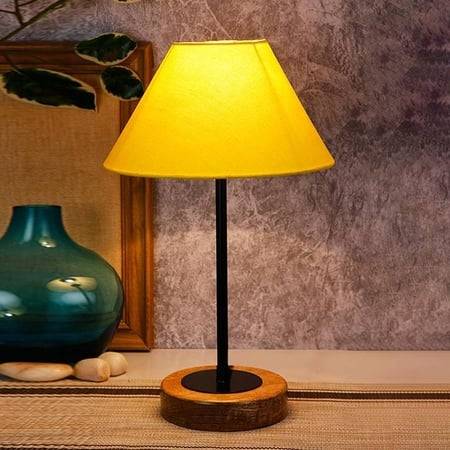 Eliezer Yellow Fabric Shade Table Lamp with Natural Wood & Iron Base