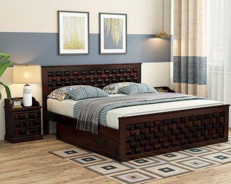 Moglis Solid Wood Queen  Size Bed With Drawer Storage Bed In Walnut Finish