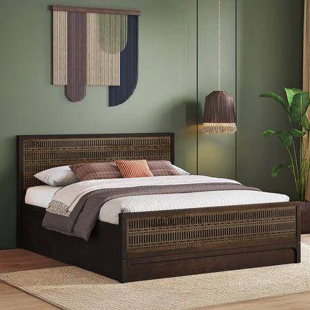 Masai Solid Wood King Size Hydraulicstorage Bed In American Walnut 2 Tone Finish