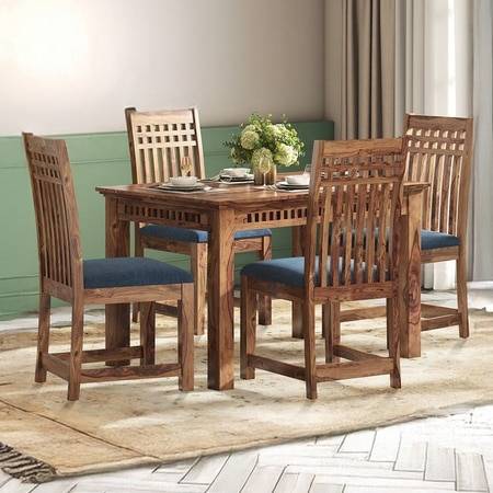 Fidora 4 Seater Dining Table With Set Of 4 Diego Dining Chairs (Colour- Midnight Indigo Blue , Finish- Teak)