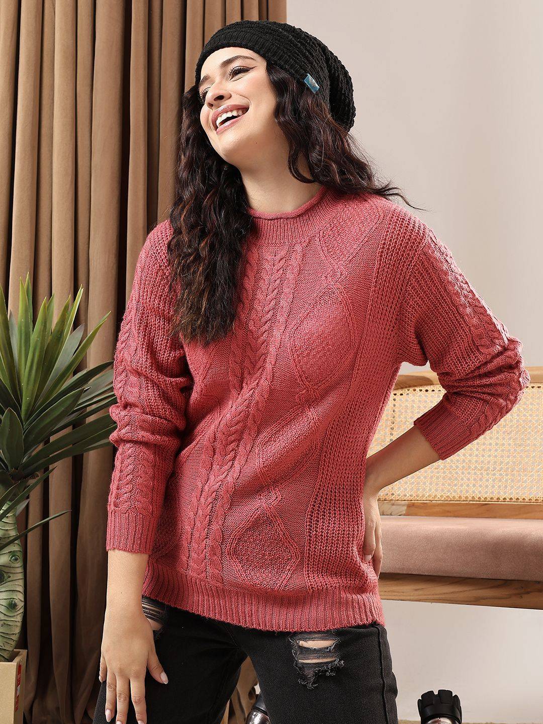 Kotty Women Self Design Cable Knit Pullover Sweaters