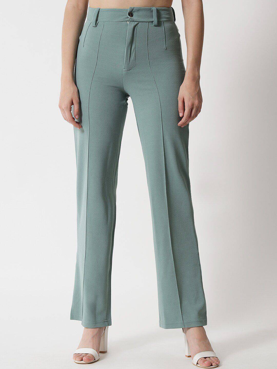 Kotty Women Green Relaxed Straight Fit High-Rise Easy Wash Trousers