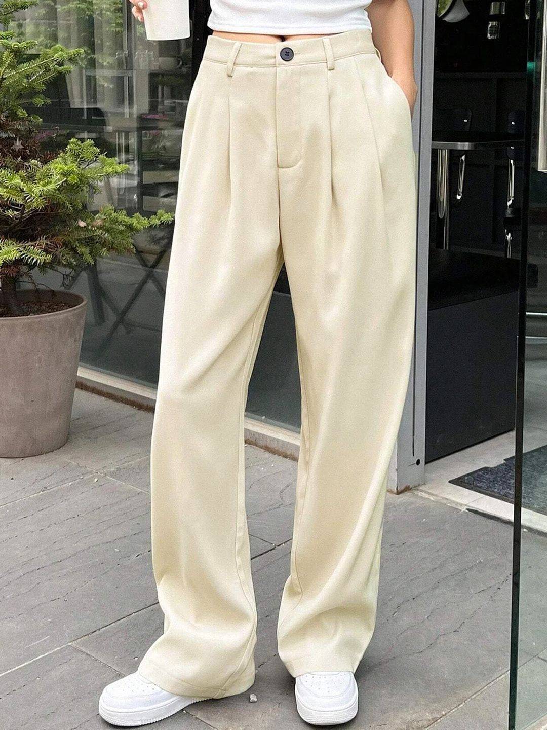 KOTTY BIZwear Women Beige Relaxed Straight Leg Straight Fit High-Rise Easy Wash Pleated Trousers